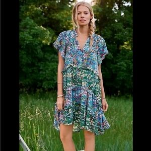 Anthropolgie Robin Tiered Ruffled Mini Dress Blue Green Womens Large